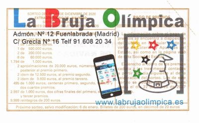 Reverso del décimo 96490 con el sello de la Administración nº 12 «La Bruja Olímpica», en Fuenlabrada